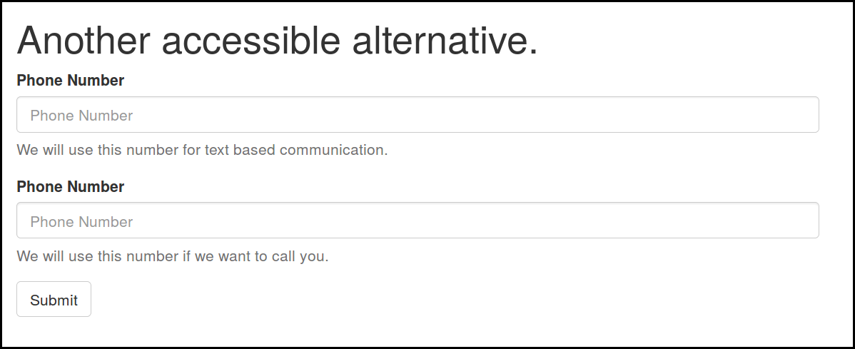 Screenshot of two phone number fields. The first help text says: We will use this number for text based communication. The second one say We will use this number if we want to call you.