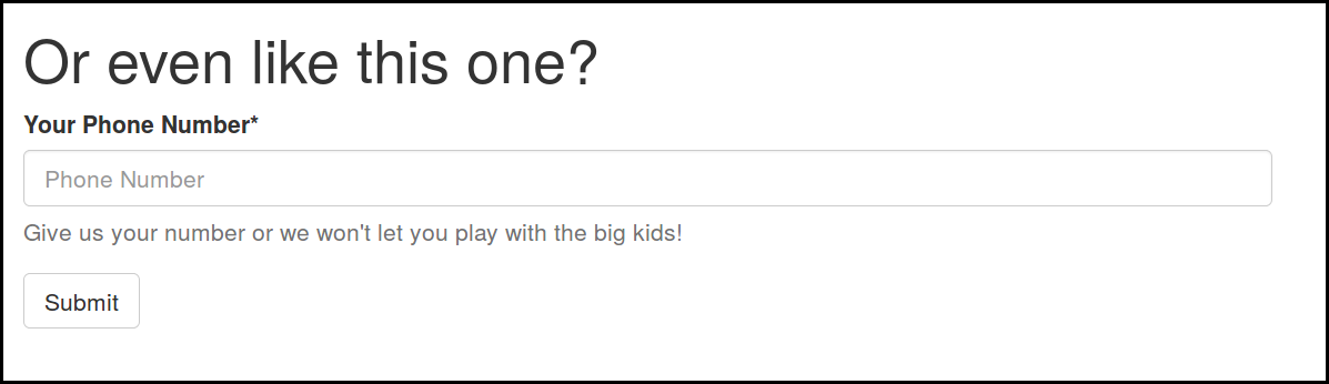 Screenshot of a phone number field with an asterix in the label. The help text says: Give us your number or we won't let you play with the big kids!