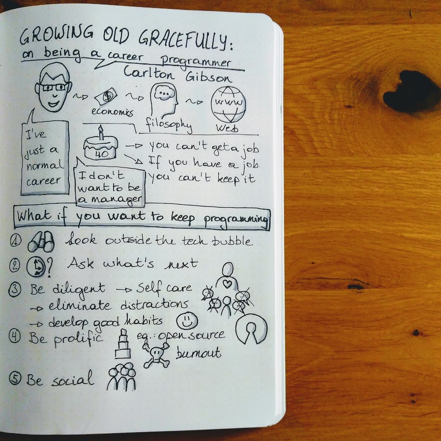 Sketchnote of Growing old gracefully: on being a career programmer